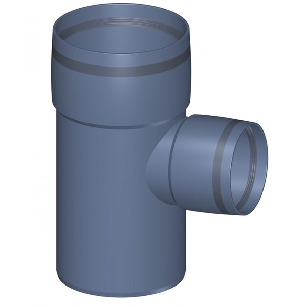 Hochtemperatur-Abflussrohr T-Stück aus grauem Kunststoff mit zwei Muffen und Dichtungsringen.