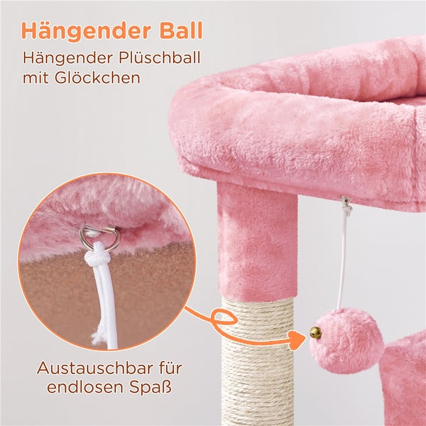 Detailansicht eines rosa Katzenkratzbaums mit hängendem Plüschball und Glöckchen