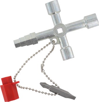 Universeller Schaltschrankschlüssel aus Metall in Kreuzform mit verschiedenen Profilen, Bit-Einsatz und Kette.