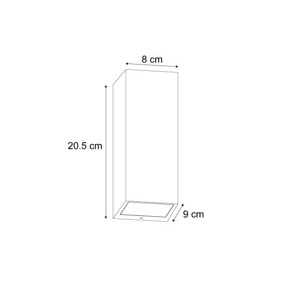 Maßzeichnung einer Wandleuchte: Höhe 20,5 Zentimeter, Breite 8 Zentimeter und Tiefe 9 Zentimeter.