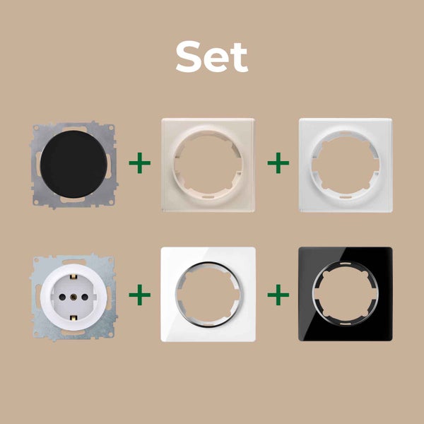 Set aus Schaltereinsätzen, Steckdoseneinsätzen und verschiedenen Rahmen für die Unterputzinstallation von Lichtschaltern und Steckdosen.