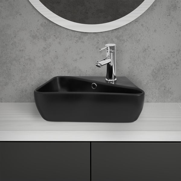 ML-Design Waschbecken aus Keramik in Schwarz matt 45x27x13 cm, Eckig, Hahnloch rechts, Wandmontage/Aufsatzwaschbecken, Design Waschtisch mit Überlauf, Aufsatz-Waschschale Waschplatz Handwaschbecken