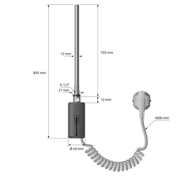LuxeBath Heizstab für Badheizkörper, 1200W Anthrazit, Elektroheizstab Heizungen mit Thermostat, Temperaturkontrolle, Timer, Touchbedienung, Elektrische Edelstahl Heizpatrone, Heizelemente mit Stecker
