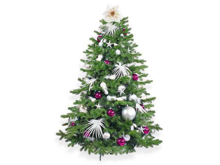 Geschmückter künstlicher Weihnachtsbaum mit Christbaumkugeln und weihnachtlichen Dekoelementen.