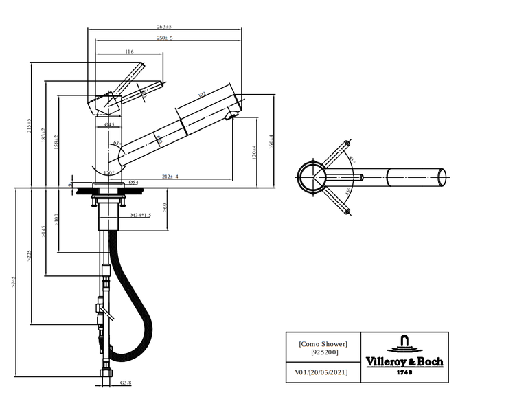 Villeroy & Boch Küchenarmatur Como Shower, Hochdruck-Armatur, ausziehbare Brause, wassersparend, Edelstahl massiv