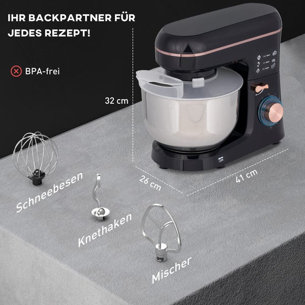 HOMCOM Küchenmaschine Teigmaschine 1400W 6+P Geschwindigkeits 5,5L Edelstahlschüssel Knetmaschine mit Teigschaber, Eiertrenner, Schlagbesen, Rührhaken, Knethaken und Spritzschutz Schwarz