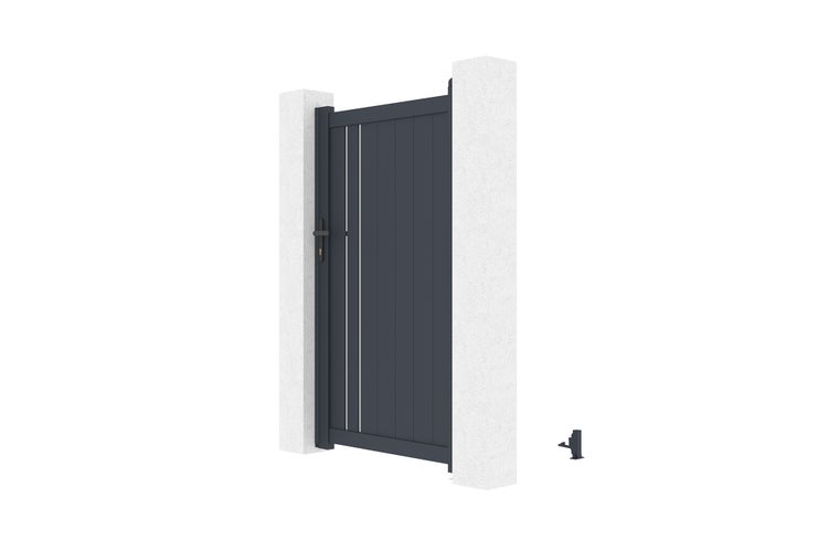 Aluminium-Gartentor mit vertikalen Lamellen in Anthrazit, montiert zwischen zwei Säulen, inklusive Drücker und Schloss.