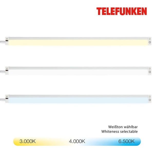 Telefunken Logo, LED Unterbauleuchte mit drei wählbaren Farbtemperaturen von 3000 Kelvin, 4000 Kelvin und 6500 Kelvin.