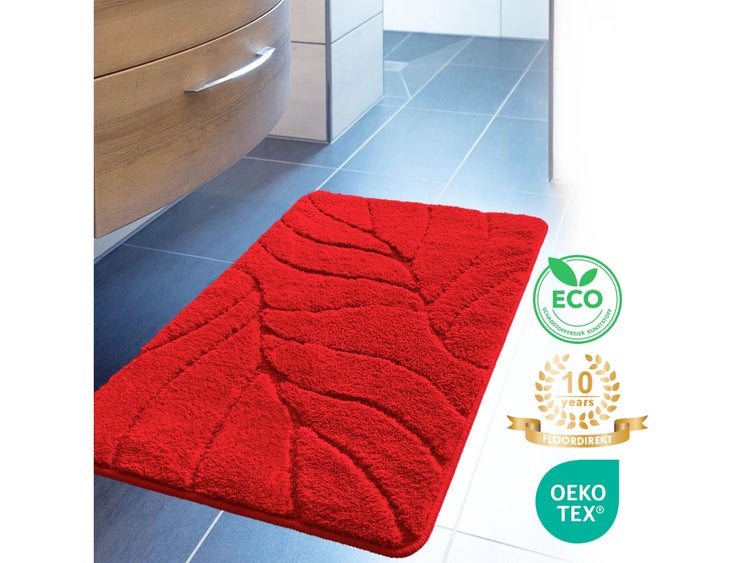 FLOORDIREKT Badematte Maris - Flauschiger Badvorleger mit Blattstruktur - Rot - 40 x 60 cm