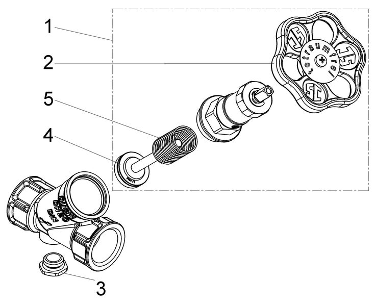 Explosionszeichnung einer Ventilbaugruppe mit Handrad, Feder und Innenteilen, nummeriert von eins bis fünf.