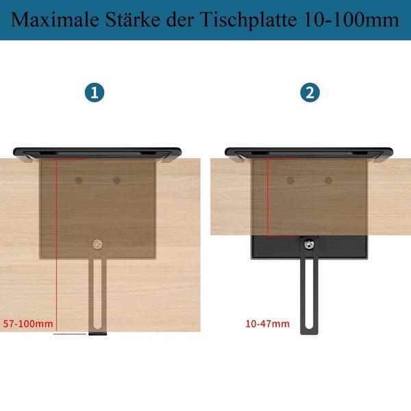 Grafik zur maximalen Tischplattenstärke von 10 bis 100 Millimeter für eine Tischklemme mit zwei unterschiedlichen Montagepositionen.
