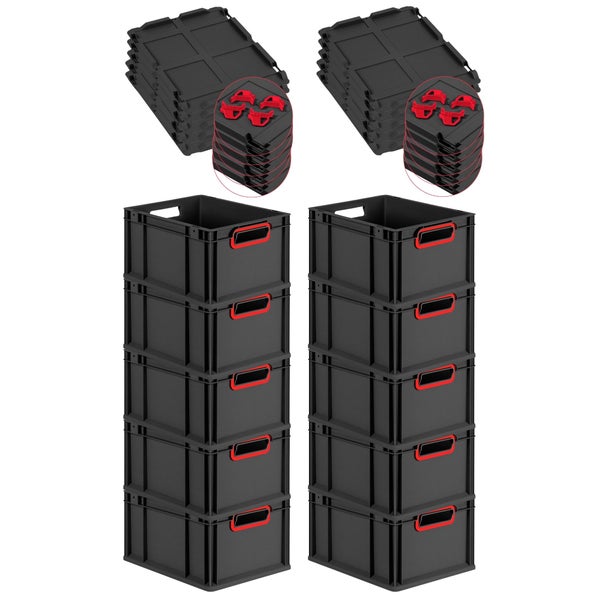 PROREGAL SparSet 10x Eurobox NextGen Color mit Auflagedeckel und Schiebeschnappverschlüsse, HxBxT 22x30x40cm, 20 Liter, Schwarz, Griffe rot offen, Eurobehälter, Transportbox, Transportbehälter, Stapelbehälter