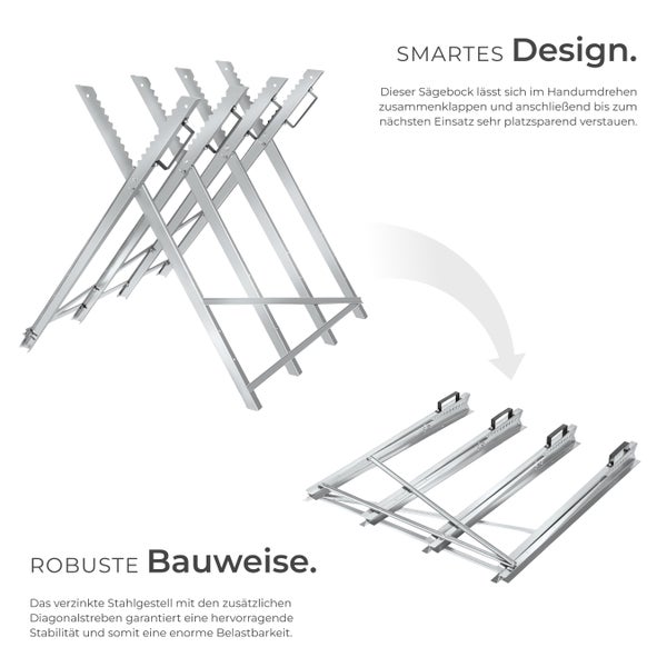 Zusammenklappbarer Sägebock aus verzinktem Stahl, dargestellt in aufgebauter und zusammengeklappter Form.