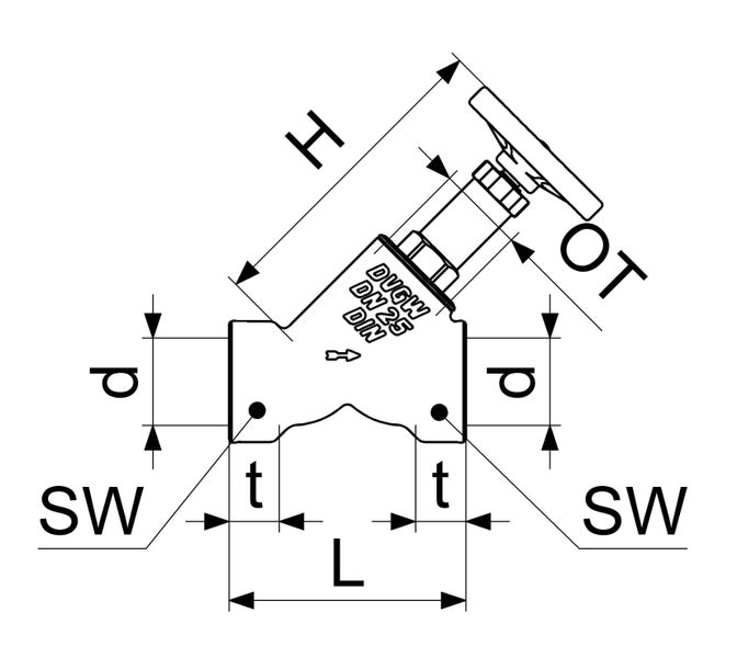 Technische Zeichnung eines Freistromventils mit Maßangaben für Höhe, Länge und Durchmesser.