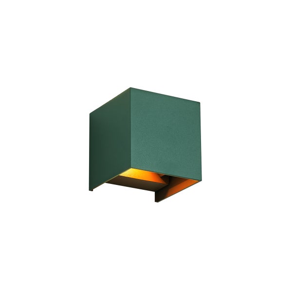 Würfelförmige LED-Wandleuchte für den Außenbereich aus grünem Metall mit Lichtaustritt nach unten.