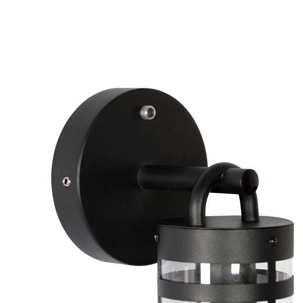 Schwarze Außenwandleuchte aus Metall mit zylindrischem Lampenschirm und runder Wandhalterung.