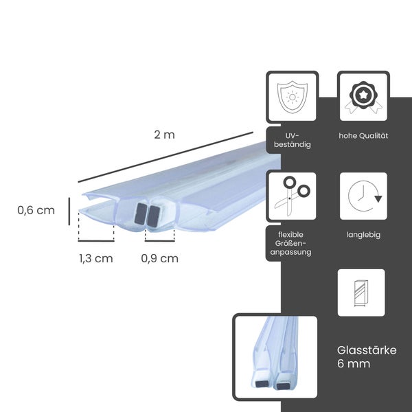 Magnetische Duschdichtung, 2 Meter Länge, für 6 Millimeter Glasstärke, UV-beständig, zuschneidbar und langlebig.