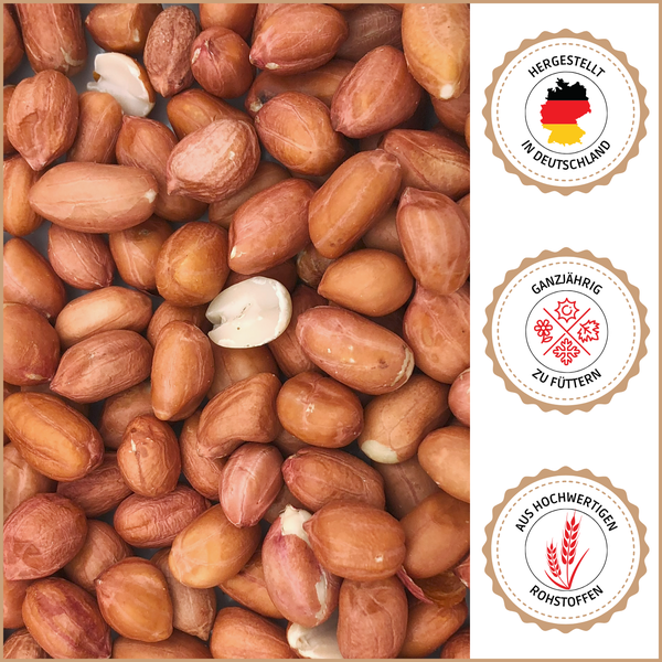 Erdnüsse als Vogelfutter mit den Siegeln Hergestellt in Deutschland, Ganzjährig zu füttern und Aus hochwertigen Rohstoffen.