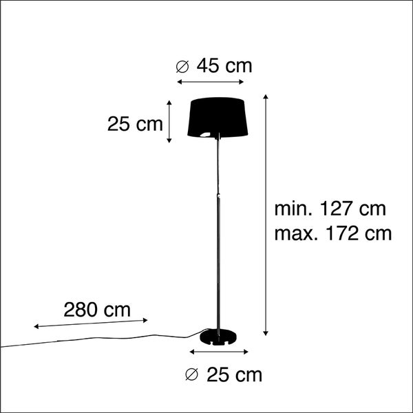 Abmessungen einer Stehlampe: Lampenschirmdurchmesser 45 cm, Lampenschirmhöhe 25 cm, Lampenfußdurchmesser 25 cm, Lampenhöhe zwischen 127 cm und 172 cm, Kabellänge 280 cm.