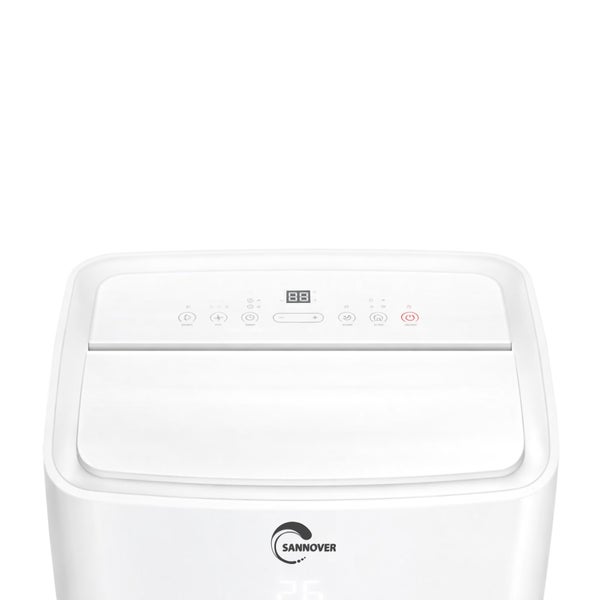 Bedienfeld eines mobilen Klimageräts von Sannover mit Digitalanzeige und Touch-Tasten für Timer, Gebläse und Temperatur. Sannover Logo.