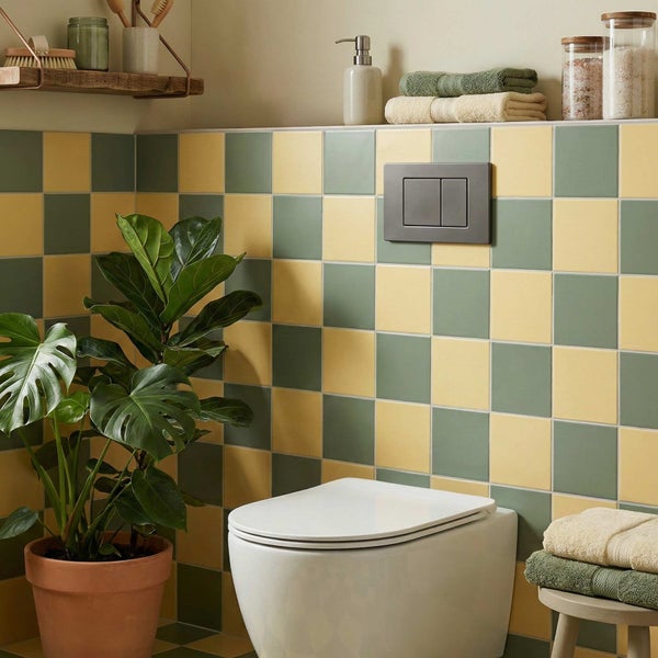 Modernes Badezimmer mit schachbrettartigen Wandfliesen, einer wandhängenden Toilette und einer Betätigungsplatte in einer wohnlichen Umgebung.
