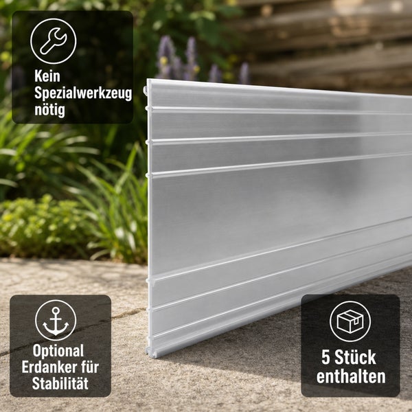 Beetbegrenzung aus Aluminium in Profiloptik, Set mit 5 Elementen, einfache Montage ohne Spezialwerkzeug, optionale Erdanker zur Stabilisierung.