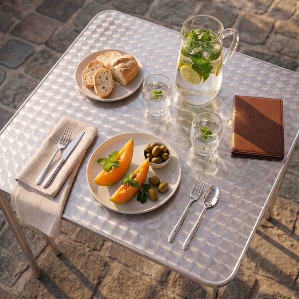 Quadratischer Bistrotisch aus silberfarbenem Metall mit strukturierter Oberfläche, gedeckt mit Speisen und Getränken im sonnigen Außenbereich.