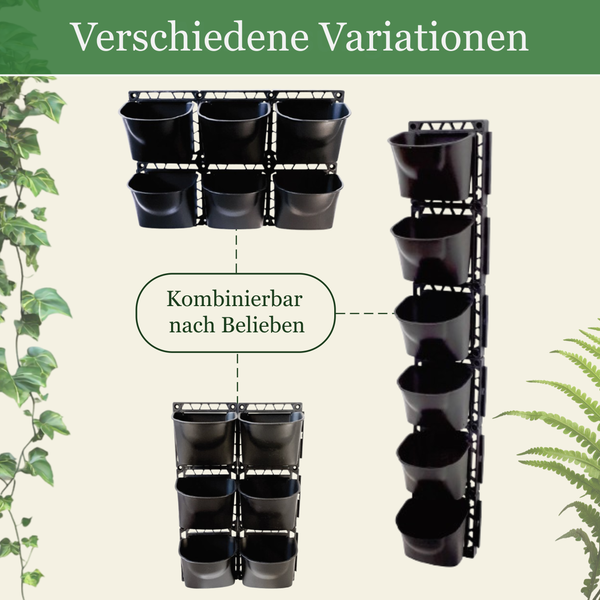 Modulares vertikales Gartensystem mit Pflanztöpfen in verschiedenen Anordnungen wie horizontal, vertikal oder kompakt.