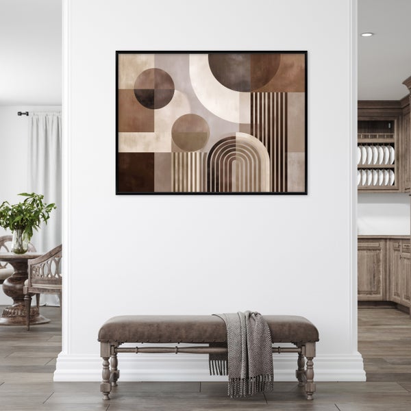 Abstraktes Wandbild mit geometrischen Formen in Brauntönen über einer gepolsterten Bank in einem hellen, modern eingerichteten Wohnraum.