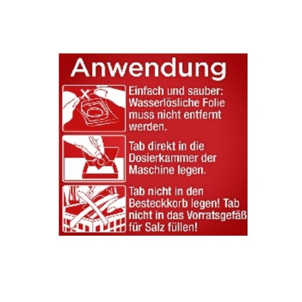 Anwendungshinweise für Spültabs: Wasserlösliche Folie nicht entfernen, Tab direkt in die Dosierkammer legen, Tab nicht in den Besteckkorb legen, Tab nicht in das Vorratsgefäß für Salz füllen.