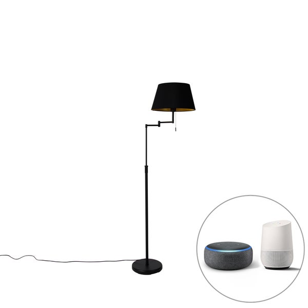 QAZQA - Modern Smarte Stehlampe schwarz mit schwarzem Schirm inkl. Wifi A60 - Ladas Deluxe I Wohnzimmer I Schlafzimmer - Textil Rund - LED geeignet E27