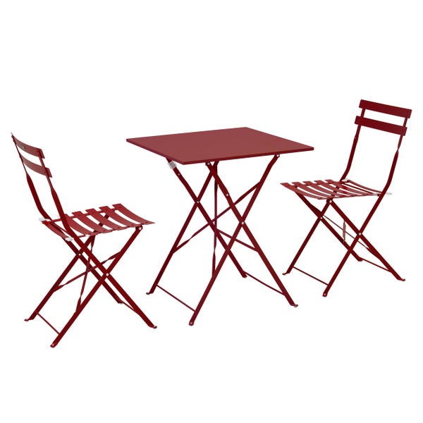 Rotes dreiteiliges Balkonset aus Metall mit einem quadratischen Klapptisch und zwei Klappstühlen.