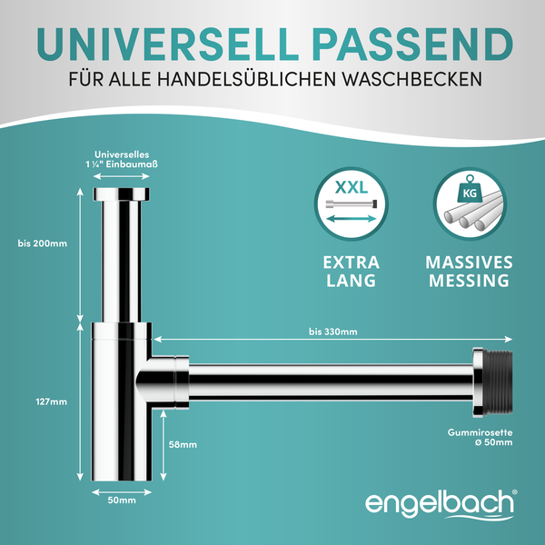 Engelbach® Design Siphon für Waschbecken & Waschtisch - Mit Reinigungsöffnung - r 1 1/4 - inkl. Gummimanschette und Anleitung