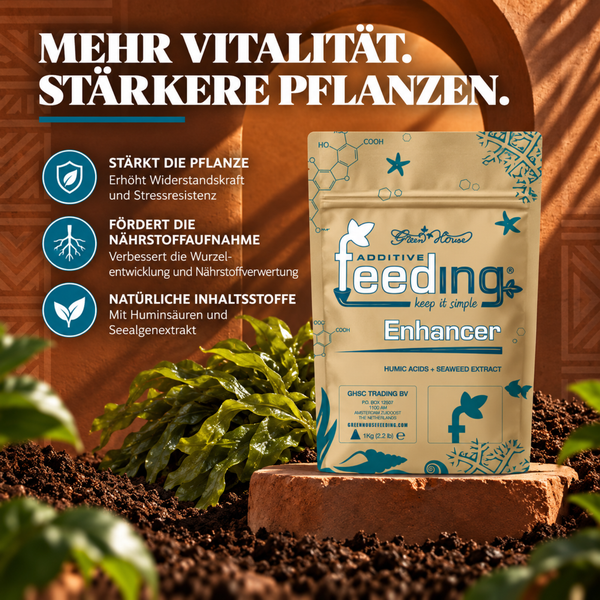 Green House Feeding Enhancer Pflanzendünger für bessere Vitalität und Nährstoffaufnahme mit Huminsäuren und Seealgenextrakt in der Packung.
