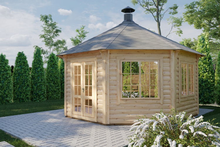 Holzgartenhaus mit Fenstern und Doppeltür im Garten