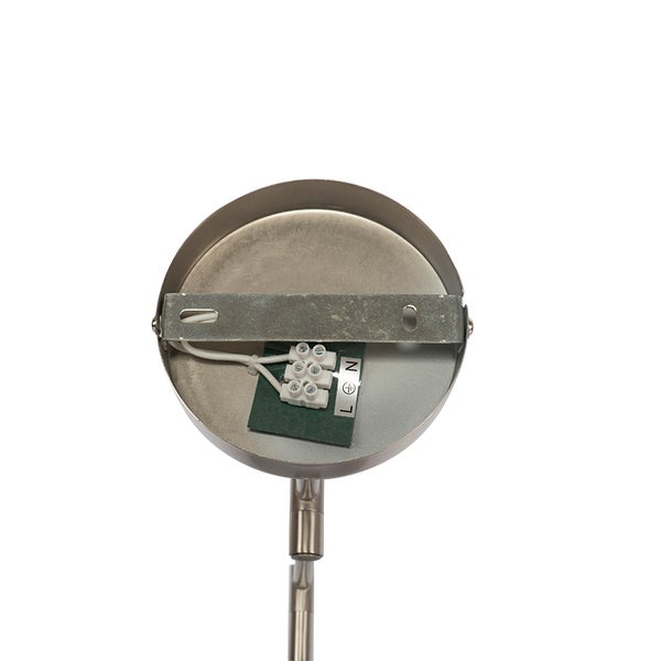 Innenansicht einer runden Lampenhalterung aus Metall mit Montagebügel und Lüsterklemme mit Anschlüssen für Phase, Neutralleiter und Erdung.