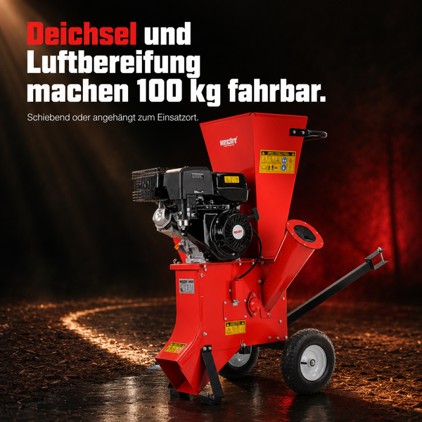 Hecht Benzin-Gartenhäcksler mit Deichsel und Luftbereifung für den einfachen Transport von bis zu 100 Kilogramm.