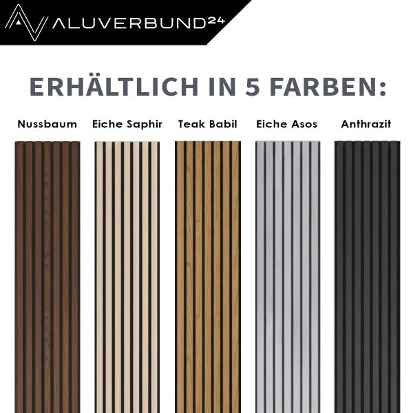 Aluverbund24 Paneele erhältlich in fünf Farben: Nussbaum, Eiche Saphir, Teak Babil, Eiche Asos, Anthrazit