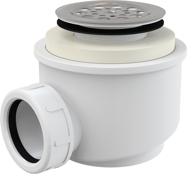 Duschwannen-Ablaufgarnitur aus weißem Kunststoff mit Edelstahlabdeckung und Dichtungen.