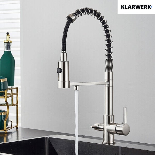 Bernd | 3 Wege Gastronomie Silber gebürstet Filtermatur | Feder Edelstahl Osmose Wasserhahn Küche | Restaurant Mischbatterie 360° drehbar 2 Anschlüsse