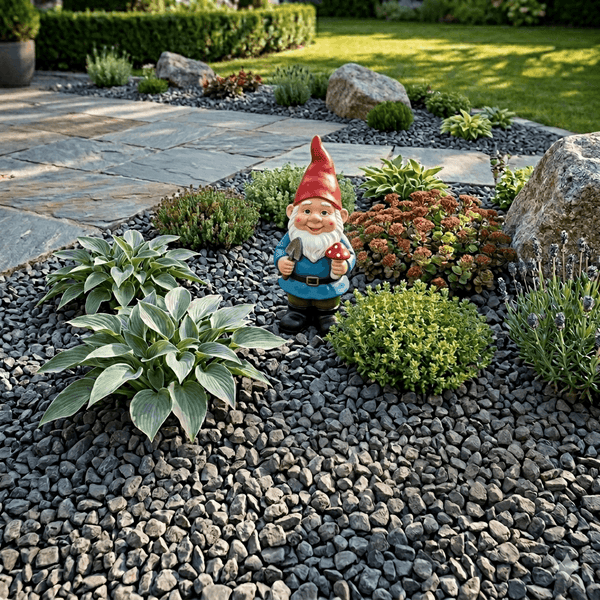 Gartenzwerg als Dekoration in einem modern angelegten Steingarten mit Pflanzen und Natursteinen.