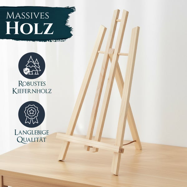 Tischstaffelei aus massivem Kiefernholz für künstlerische Arbeiten auf einem Holztisch präsentiert.