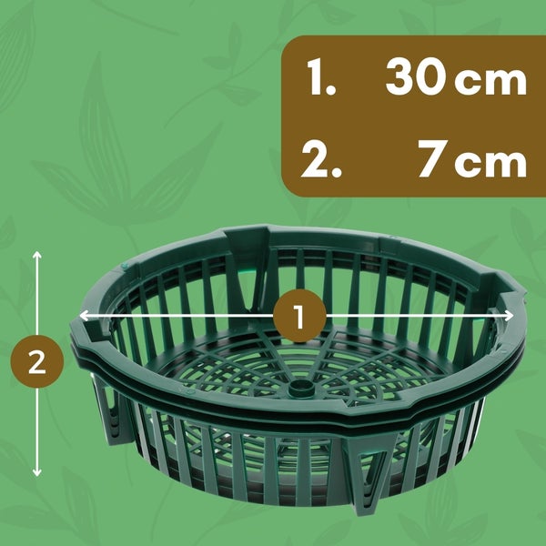 Abbildung eines runden Pflanzkorbs mit den Maßen 30 Zentimeter Durchmesser und 7 Zentimeter Höhe.