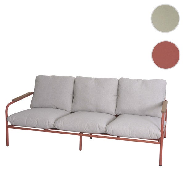 3-Sitzer Gartensofa mit terracottafarbenem Metallgestell, beigen Stoffpolstern und Armlehnen aus Holz, in verschiedenen Farben erhältlich.