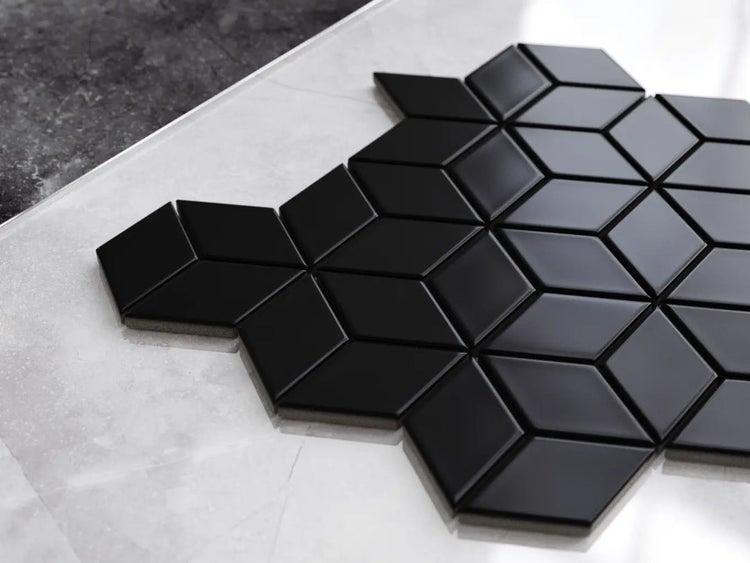 Keramikmosaik auf Netz für Bad oder Küche 30.5cm x 26.5cm - Black Geometric Cubes