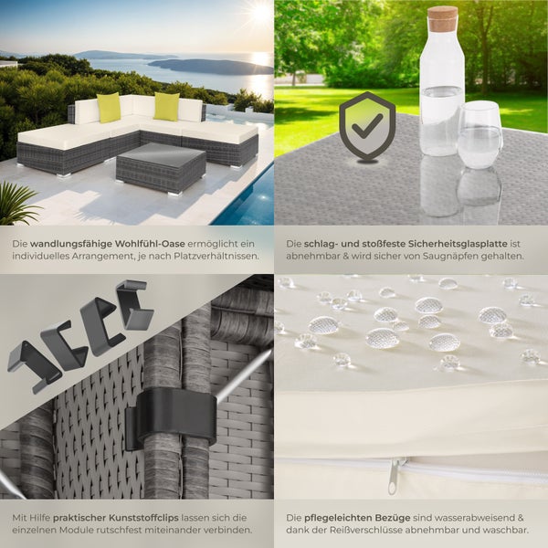 Rattan Lounge tectake Paris mit Sicherheitsglasplatte mit Aluminiumgestell grau
