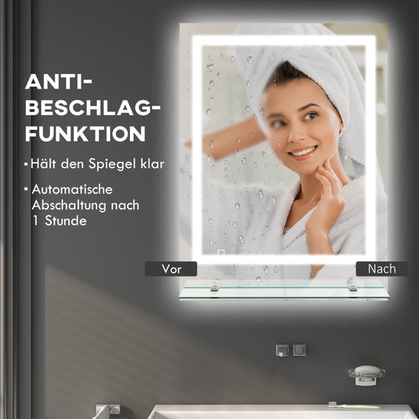 kleankin Badspiegel mit Beleuchtung 70 x 50 cm Rechteckiger Wandspiegel LED Spiegel mit Touchschalter, Memory-Funktion Lichtspiegel Beschlagfrei mit 3 Lichtfarben Transparent
