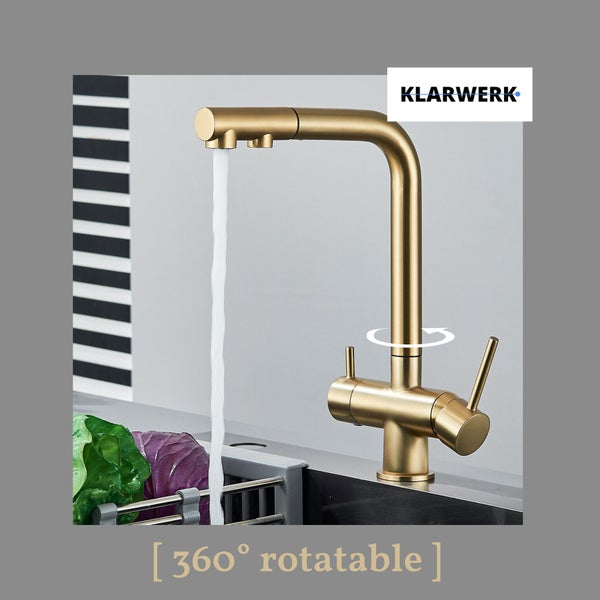 Felix | 3 Wege Premium Edelstahl Gold matt ausziehbare Armatur | Osmose Wasserhahn Küche |Mischbatterie - 360 Grad | Filter 3 Anschlüsse