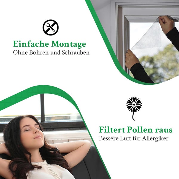 Pollenschutzgitter am Fenster: Montage ohne Bohren und Schrauben. Das Gitter filtert Pollen für eine bessere Luftqualität für Allergiker.