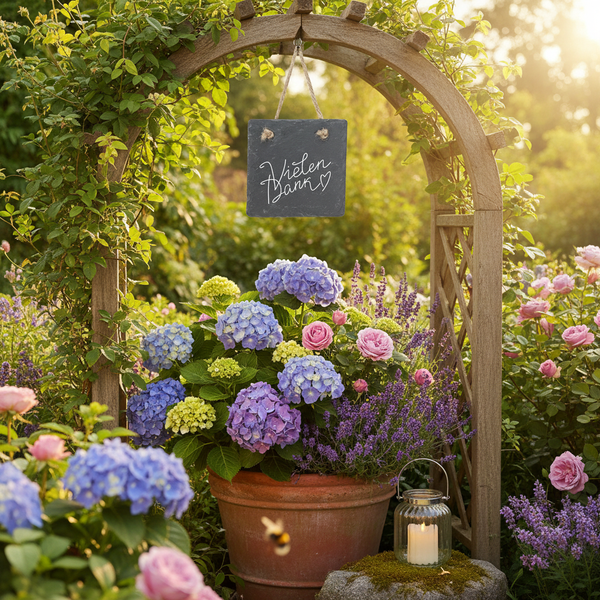Tontopf mit blauen Hortensien, rosa Rosen und Lavendel unter einem hölzernen Gartenbogen mit einem Schieferschild Vielen Dank.